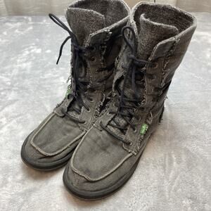 Sanuk Stevie Sidewalker Surfer Boots Womens 8 Gray Canvas Lace Up Mid-Calf